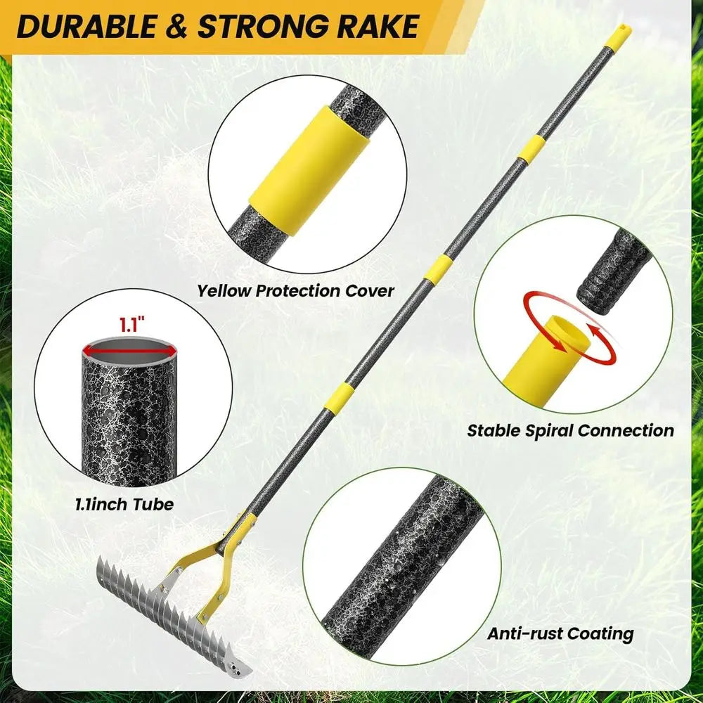 Heavy-Duty 5.5T Metal Leaf Rake with Adjustable Long Handle, 19-Tine, 15 Wide for Lawn and Garden Maintenance