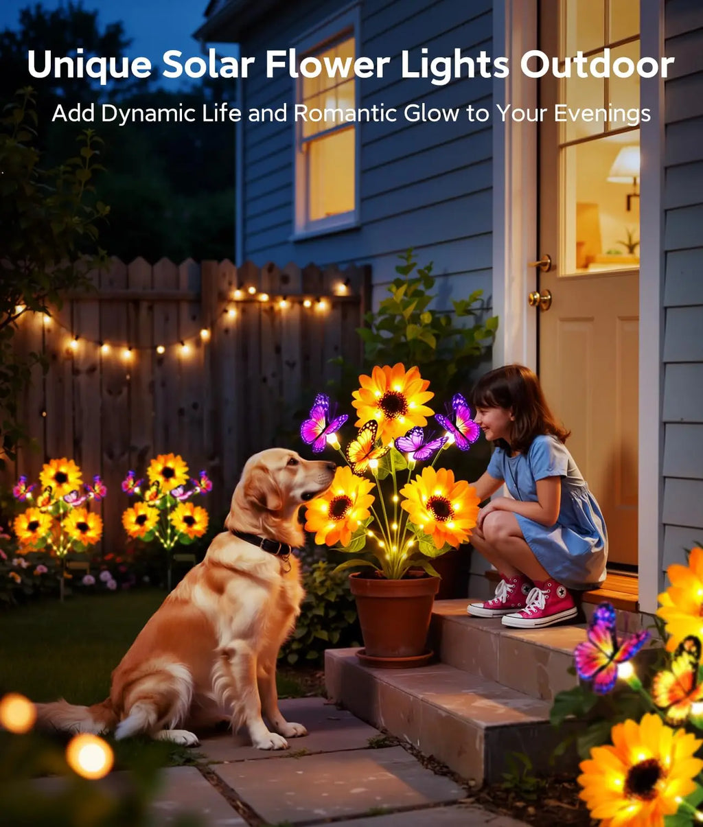 Solar Garden Lights Outdoor Decor, Upgraded 2 Pack Solar Sunflower Lights with 8 Butterflies, Solar Flowers Outdoor Waterproof for Yard Lawn Garden Decor