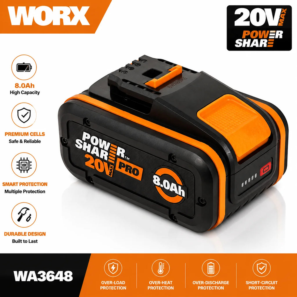 100% Original Worx 20V 8.0Ah Lithium Battery, Rechargeable WA3553 WA3551 WA3553.1 WA3570 for All WORX Electric and Garden Tools