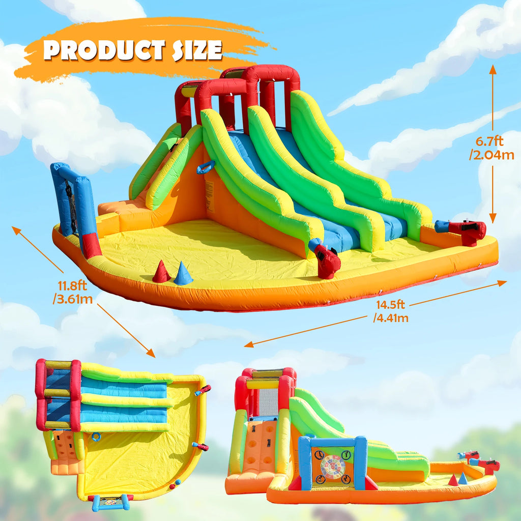 Giant Inflatable Dual Lane Water Slide with Splash Pool Wet/Dry Combo Water Cannons Backyard Family Party 580x350x250cm
