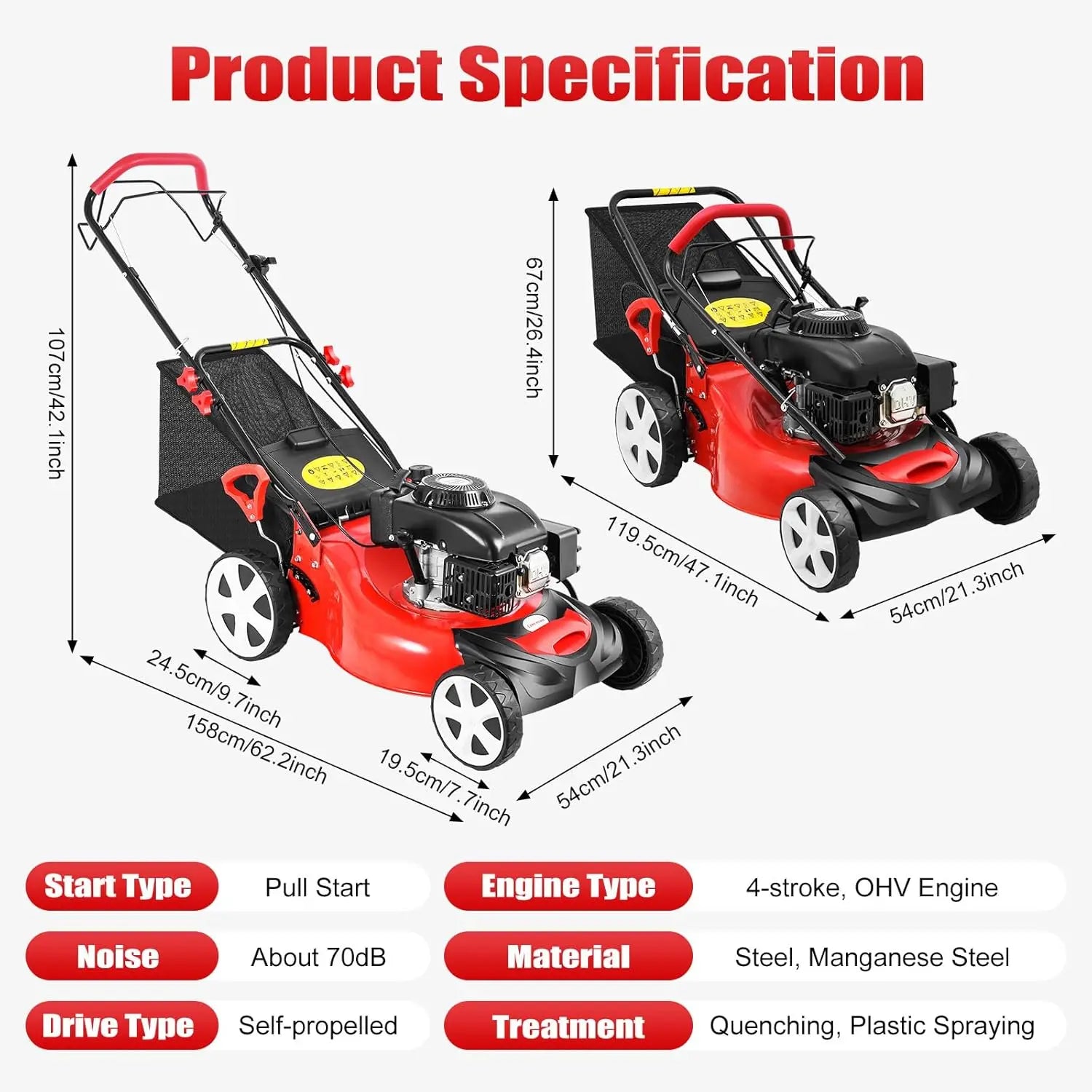 Self Propelled Gas Lawn Mower 20Inch,140CC Gas Powered Lawnmower 4-Stroke Walk Behind Handle Mulching Push Lawn Mower w/Bag