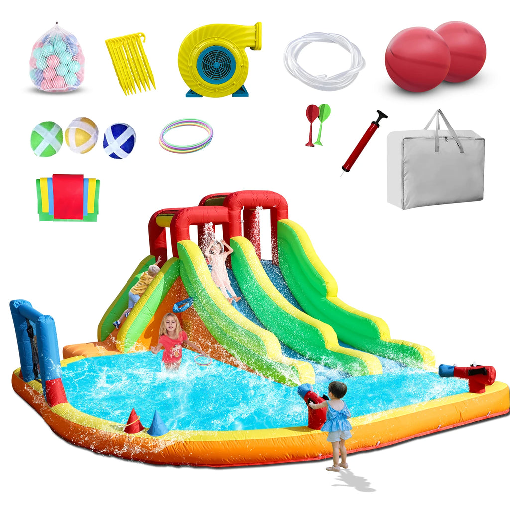 Giant Inflatable Dual Lane Water Slide with Splash Pool Wet/Dry Combo Water Cannons Backyard Family Party 580x350x250cm