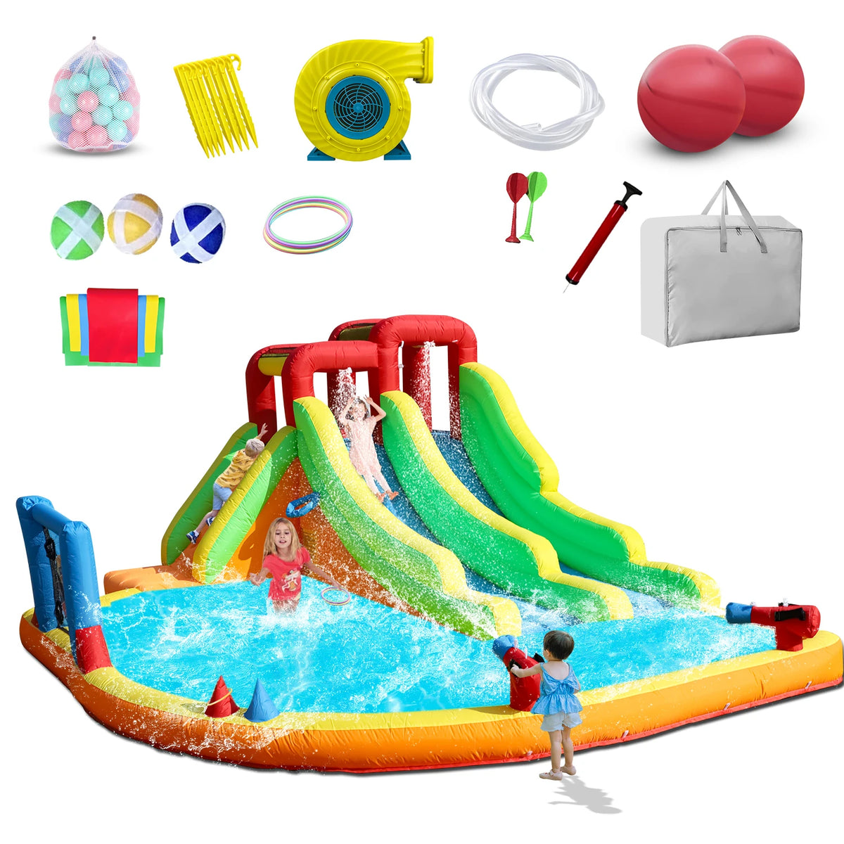 Giant Inflatable Dual Lane Water Slide with Splash Pool Wet/Dry Combo Water Cannons Backyard Family Party 580x350x250cm
