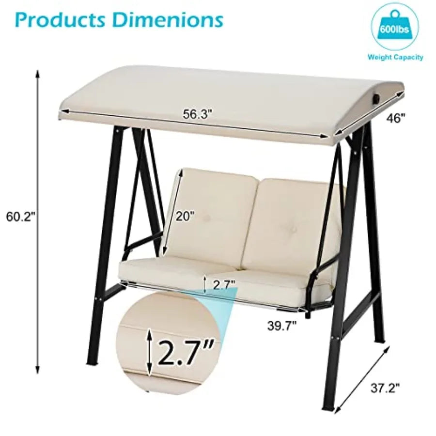 Outdoor Patio Swing Chair for Adults, 2-Seat Porch Swing with Adjustable Canopy, Outside Swing Bench with Removable Cushion,