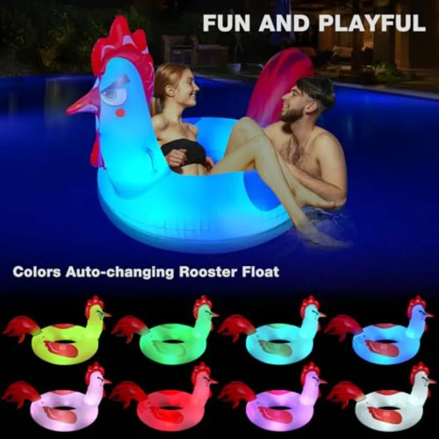 Inflatable Pool Floats with Lights, 63" Chicken Pool Floaties with Solar Powered RGB Color Changing, Large Animal Pool Floats A