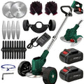 Wireless portable weed trimmer for lawn trimming. The trimmer is equipped with 2 lithium batteries and comes with replaceable blades