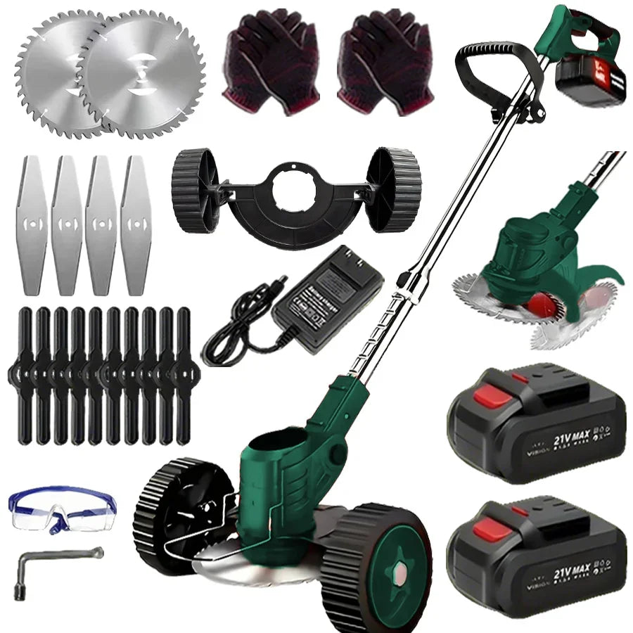 Wireless portable weed trimmer for lawn trimming. The trimmer is equipped with 2 lithium batteries and comes with replaceable blades