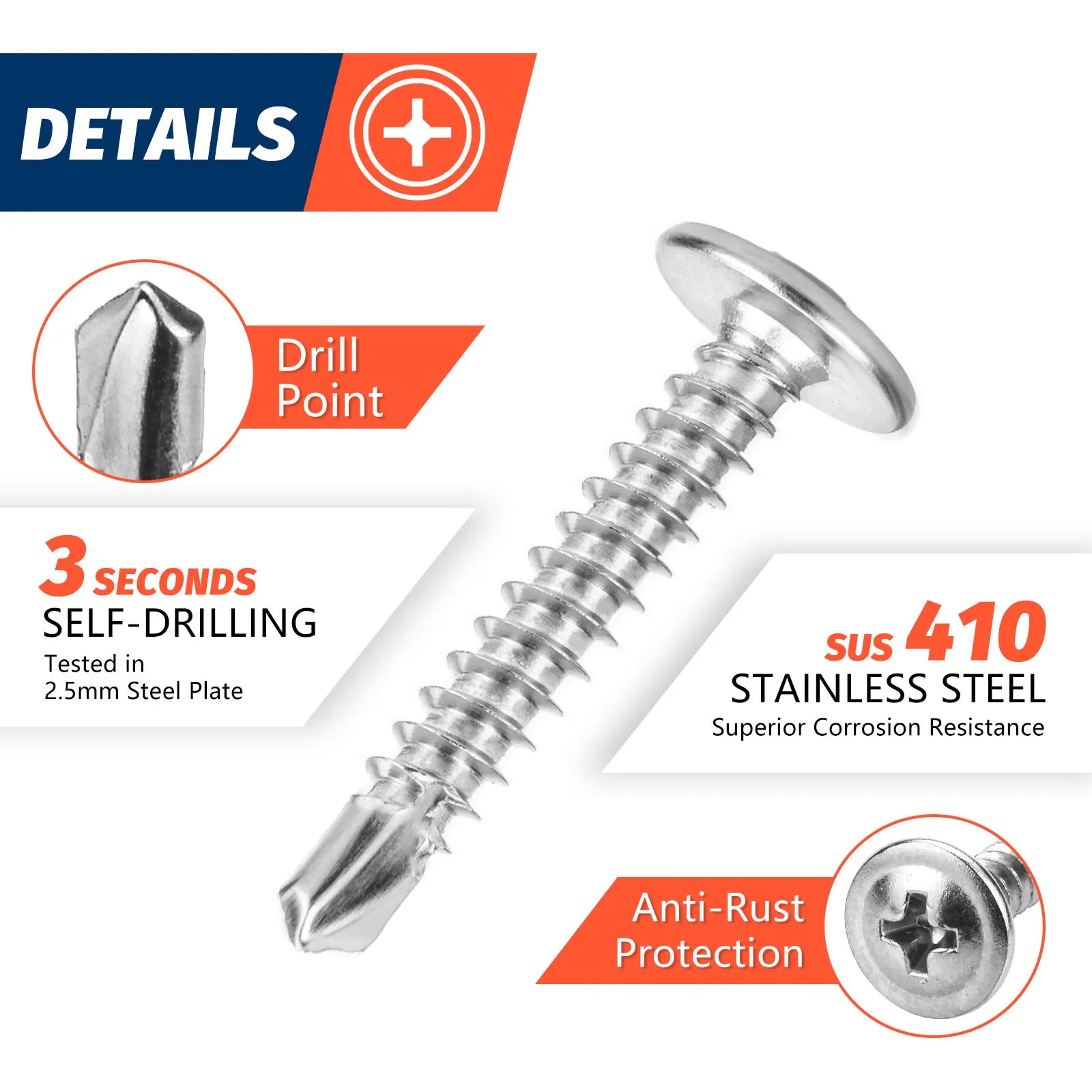 #8 Self Drilling Sheet Metal Screws, 410 Stainless Steel Self Tapping Screws, Phillips Truss Head Lath Screws