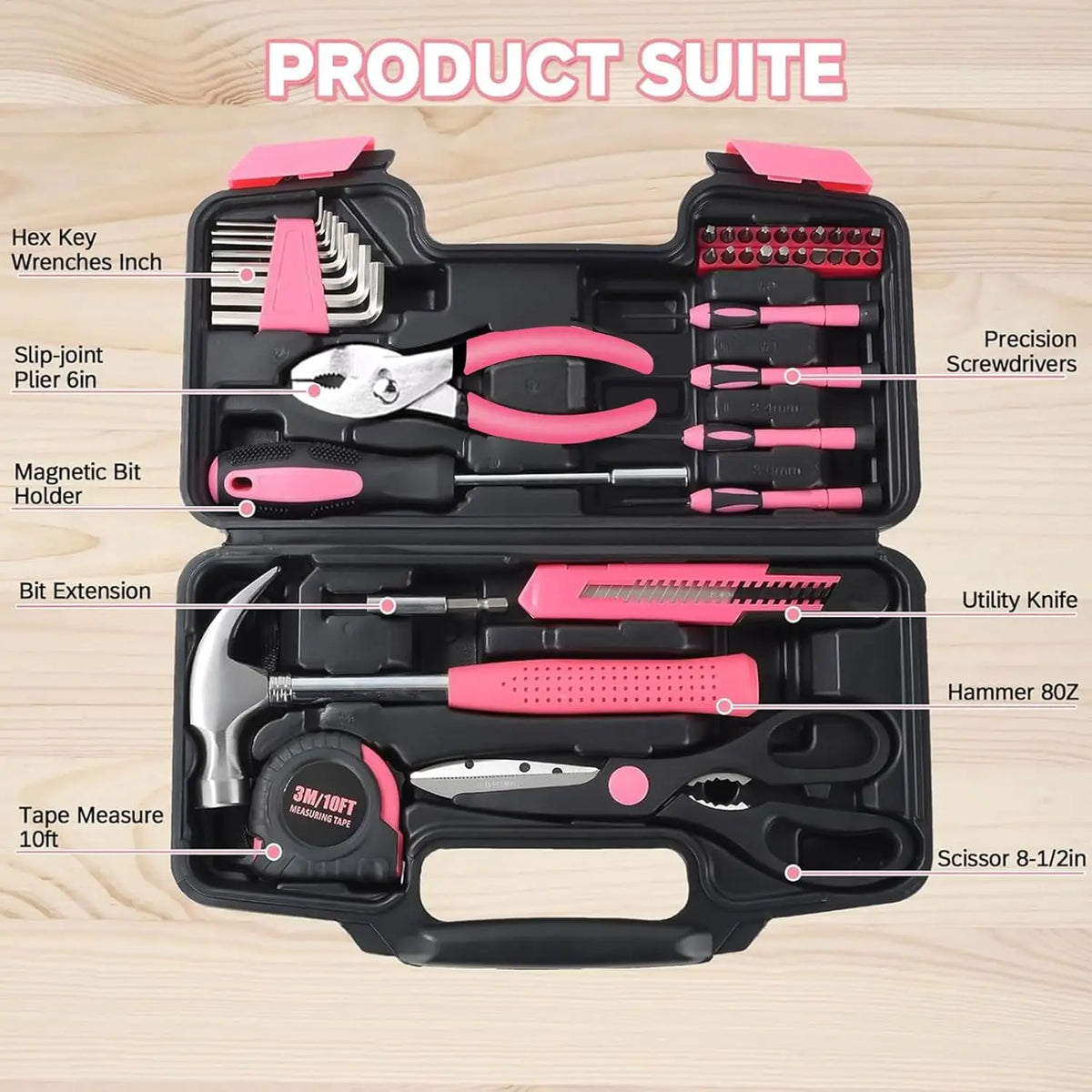 39 Pcs All Purpose Basic Household Pink Tool Kit for Women - Small Tool Set with Toolbox Great for Home, Garage, Office and College Dormitory Use