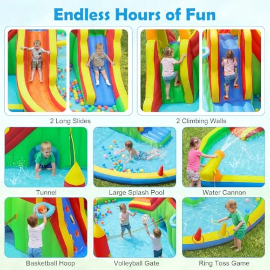 YAO HUI HUANG Inflatable Water Slide Park, 12 in 1 Kids Mega Water Bounce House with Large Deep Pool, 2 Long Slides, Bouncy Castle, Blow up Water Slides for Big Kids 3-12 Backyard Outdoor, Without Air Blower