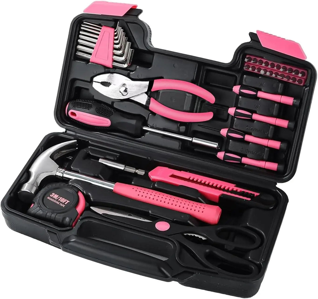 39 Pcs All Purpose Basic Household Pink Tool Kit for Women - Small Tool Set with Toolbox Great for Home, Garage, Office and College Dormitory Use