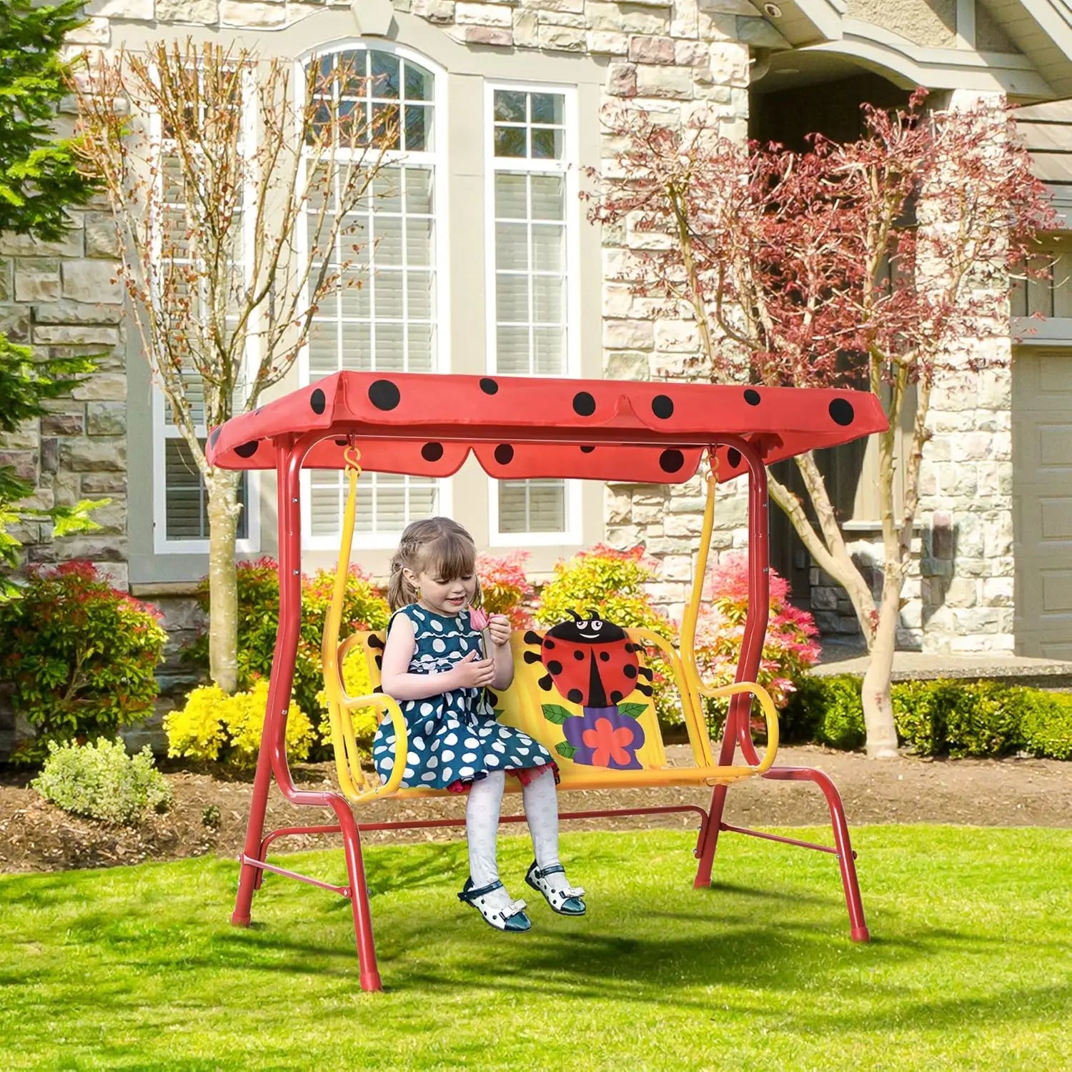 Porch Swing for Kids with Adjustable Canopy to Block Sun at Angles, Kids Swing Chair with Seatbelts, Red Ladybugs And Yellow