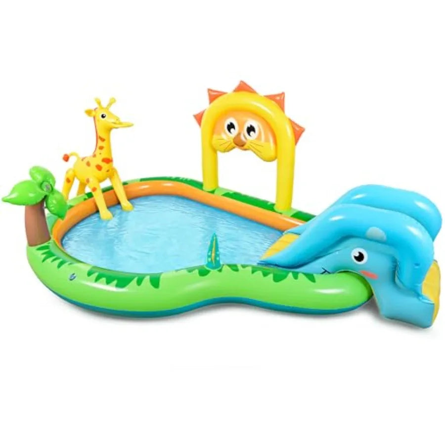 Sulifeel Zoo-Themed Inflatable Play Center Kiddie Pool with Slide and Sprinkler for Backyard and Garden Use PVC Material Blue, Green, Yellow