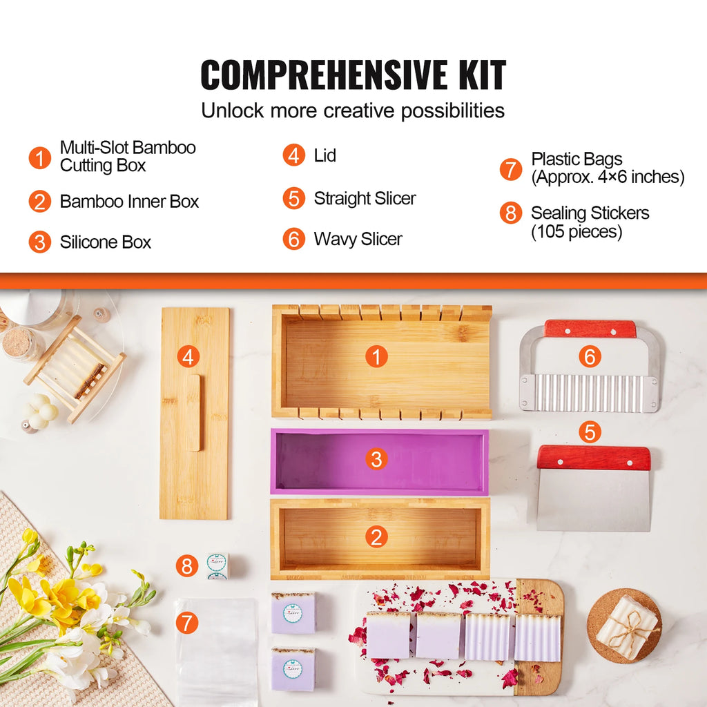 SucceBuy Soap Making Kit, Bamboo Cutting Box and Inner Box with Silicone Mold, 304  Stainless Steel Straight Cutter and Wavy Cutter