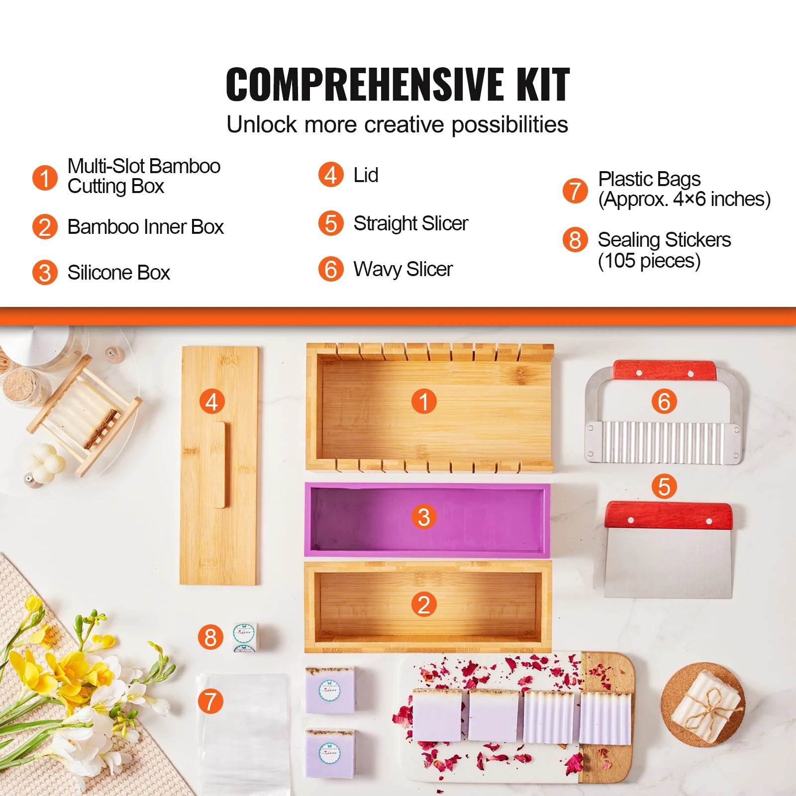 SucceBuy Soap Making Kit, Bamboo Cutting Box and Inner Box with Silicone Mold, 304  Stainless Steel Straight Cutter and Wavy Cutter