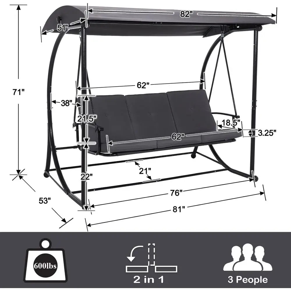 Patio Porch Swing Chair with Canopy, 3-Person Outdoor Hammock Bench with Comfortable Cushions