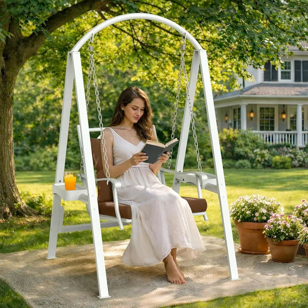 Porch Swing with Stand, 350lbs Heavy-Duty Metal e Outdoor Swing or Adults with Dual Side Trays, Adjustable Chains, Zippered Remo