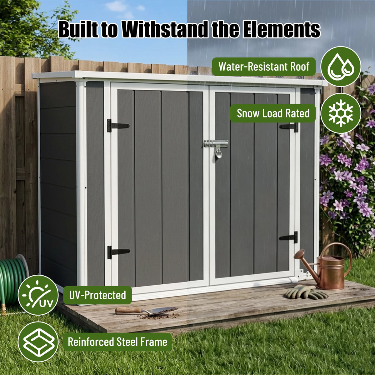 Gihauvia 56×29×44in Gray Resin Outdoor Storage Shed with Lockable Double Doors Waterproof All Weather Utility Cabinet for Garden Tools Trash Cans Backyard Patio