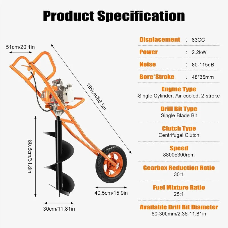2-Stroke Post Hole Digger, 3HP, Gas Powered, with 11" Bit for Drilling, Blue