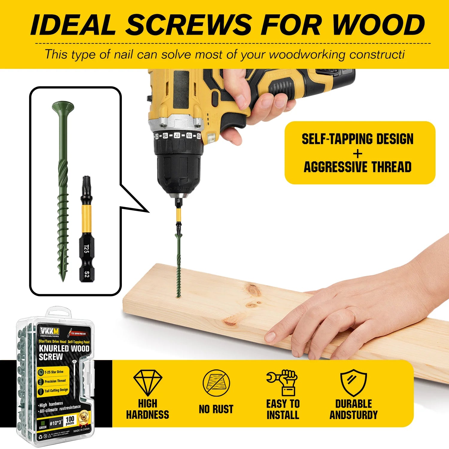 VKKM 150Pcs #8x2" Green Wood Screws Kit, T25 Star Drive Self-Tapping with 50mm Free Bit, All-Climate Anti-Rust – Great for Indoor & Outdoor Projects (Shelves, Framing, Repairs)