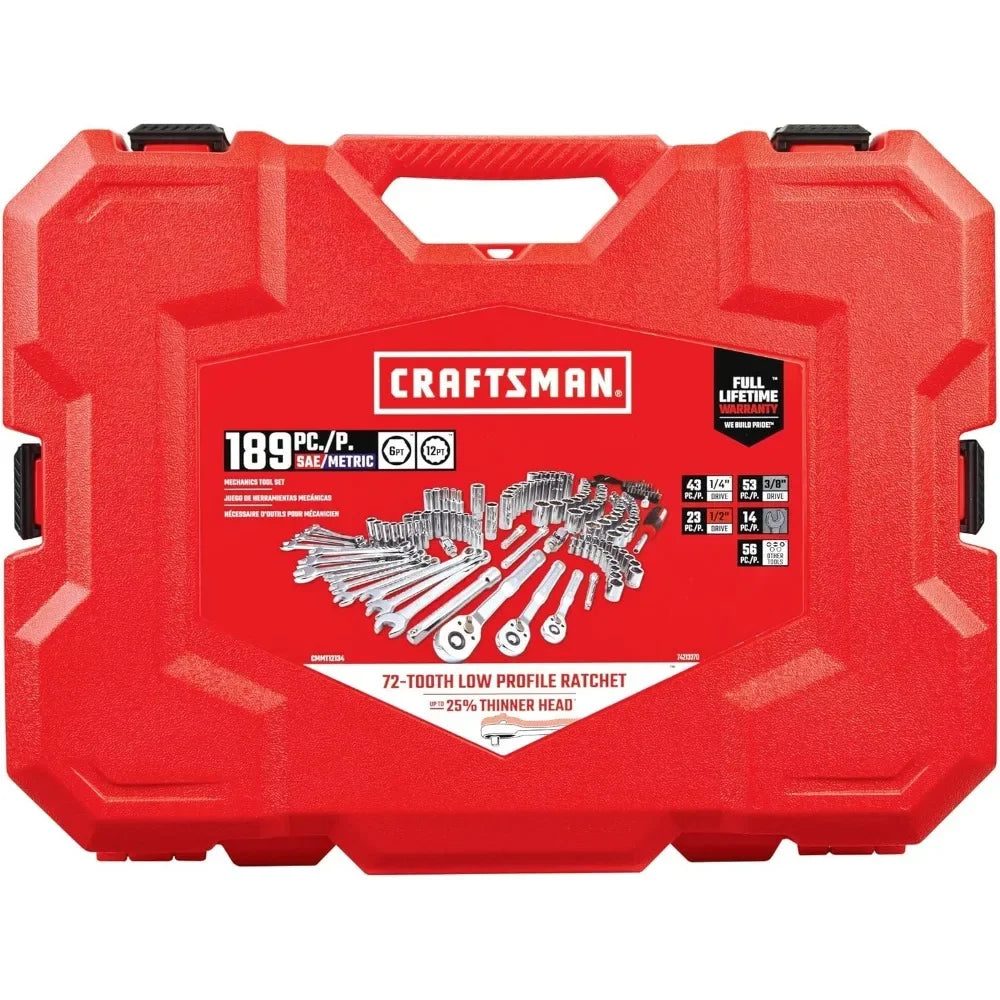 189 Piece Complete Mechanic Tool Set with Ratchet Sockets Wrenches Hex Keys Deep Sockets Bits Metric and SAE
