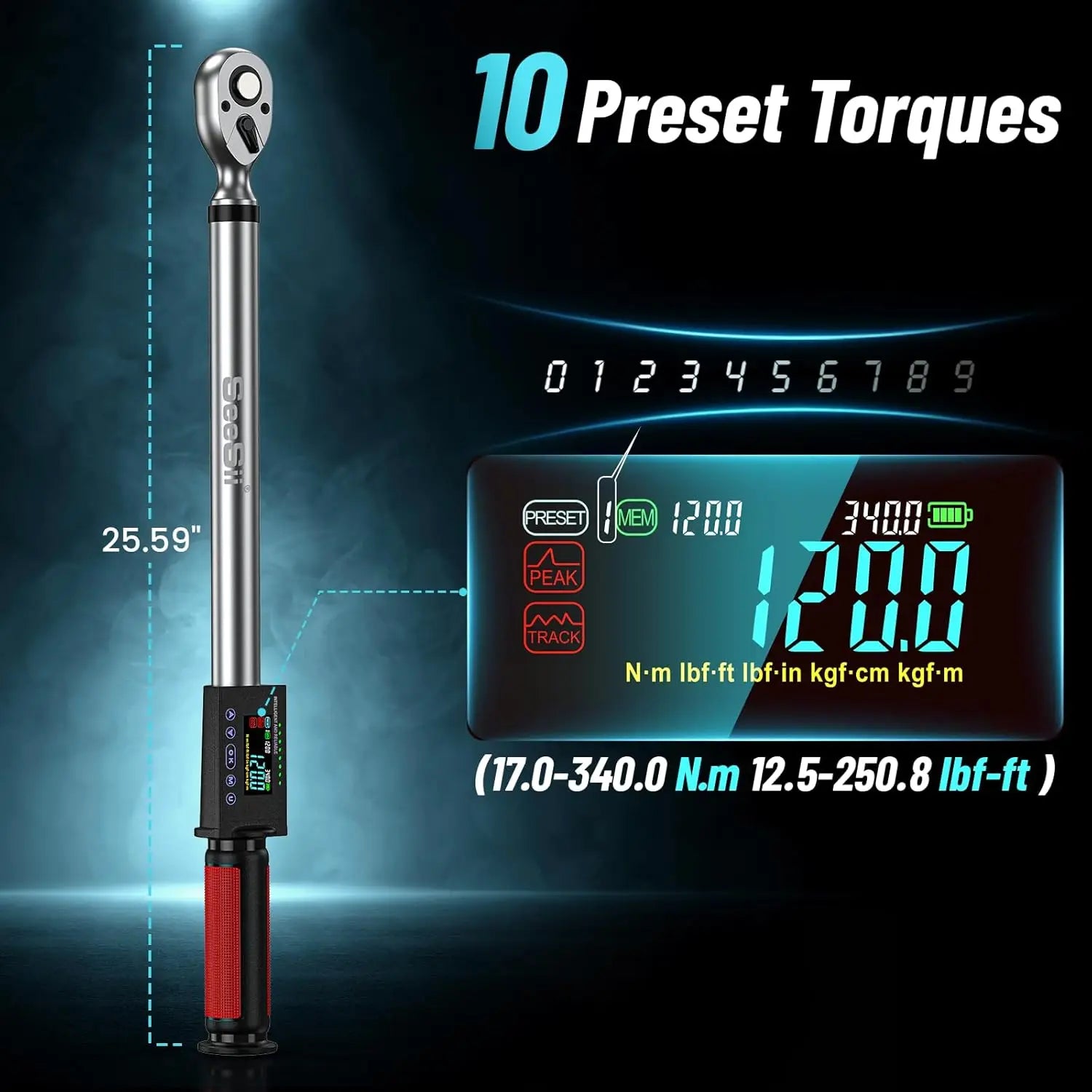Digital Torque Wrench, !/2 Inch Drive, 3 Adjustable Modes, 340 N.m, 2% Torque Accuracy