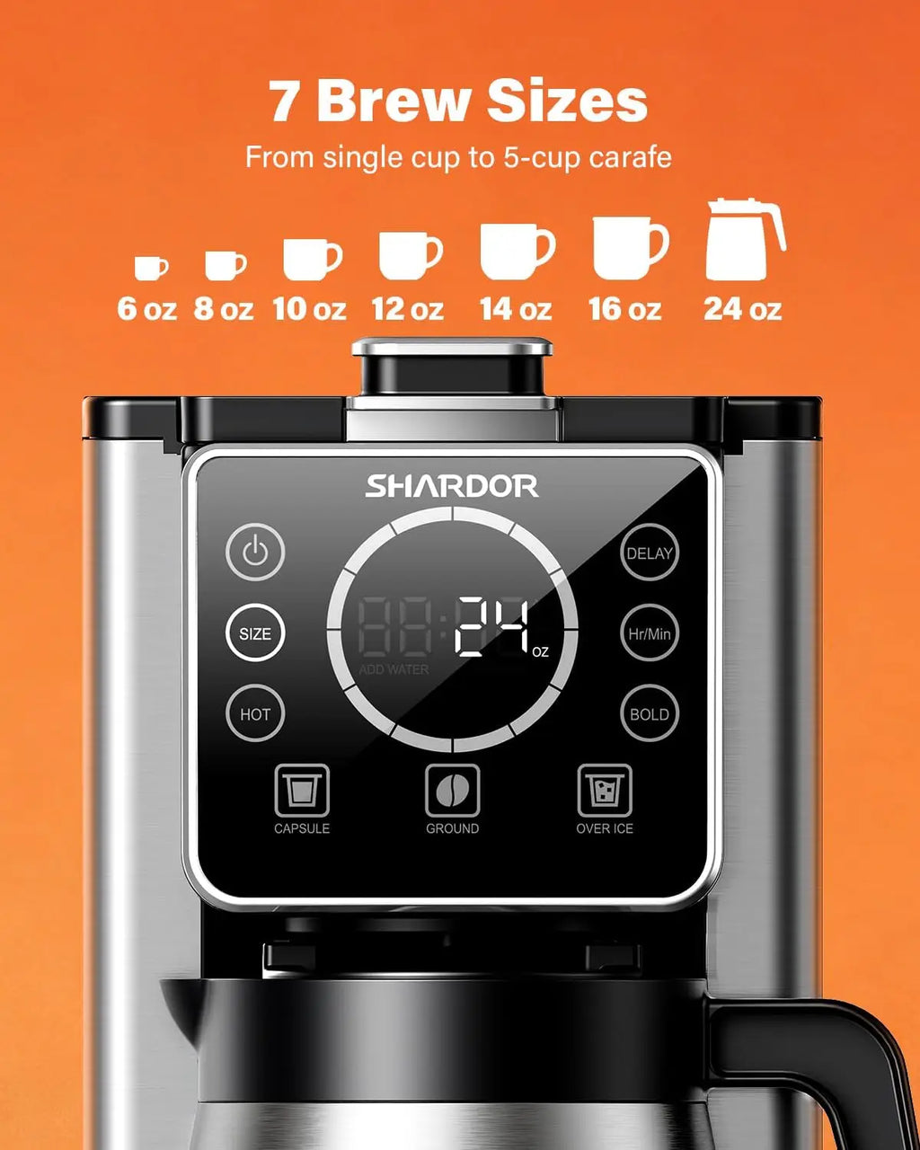Programmable 5 Cup Drip Coffee Maker, Single Serve Hot & Iced Coffee Machine for K Cup & Grounds, 95oz Reservoir, 6-24oz Brew Size, Strong Brew, Stainless Steel Carafe
