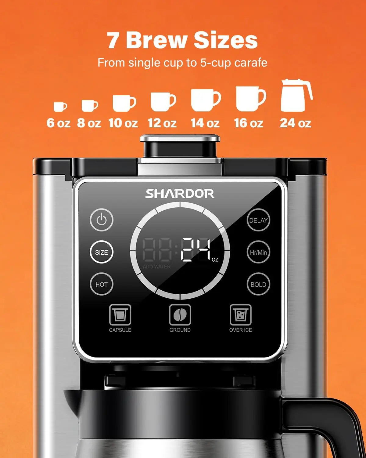 Programmable 5 Cup Drip Coffee Maker, Single Serve Hot & Iced Coffee Machine for K Cup & Grounds, 95oz Reservoir, 6-24oz Brew Size, Strong Brew, Stainless Steel Carafe