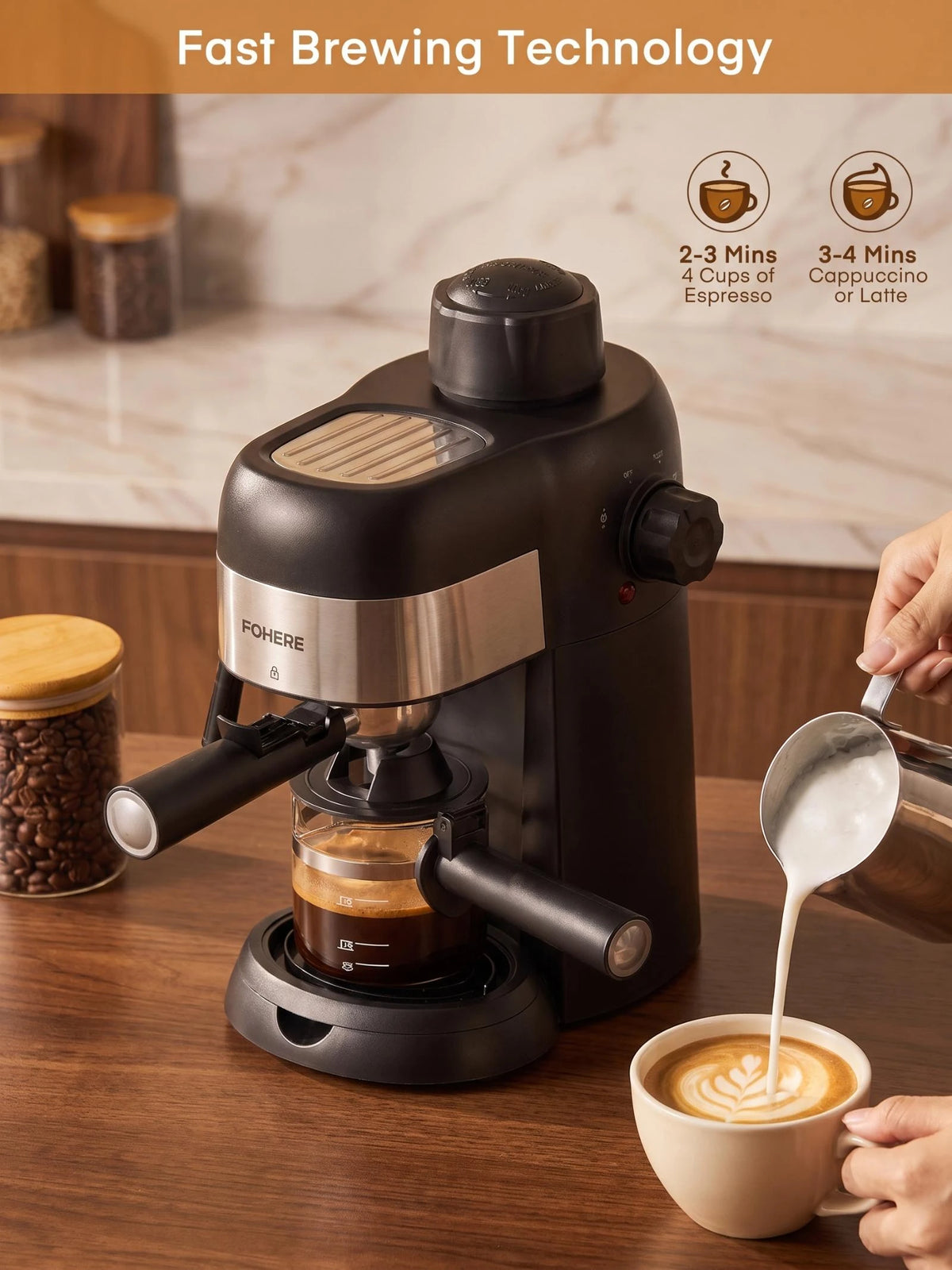 Fohere Steam Espresso Machine, 3.5 Bar 4 Cup, Professional Compact Espresso and Cappuccino Maker with Milk Frother and Carafe for Coffee, Latte and Mocha