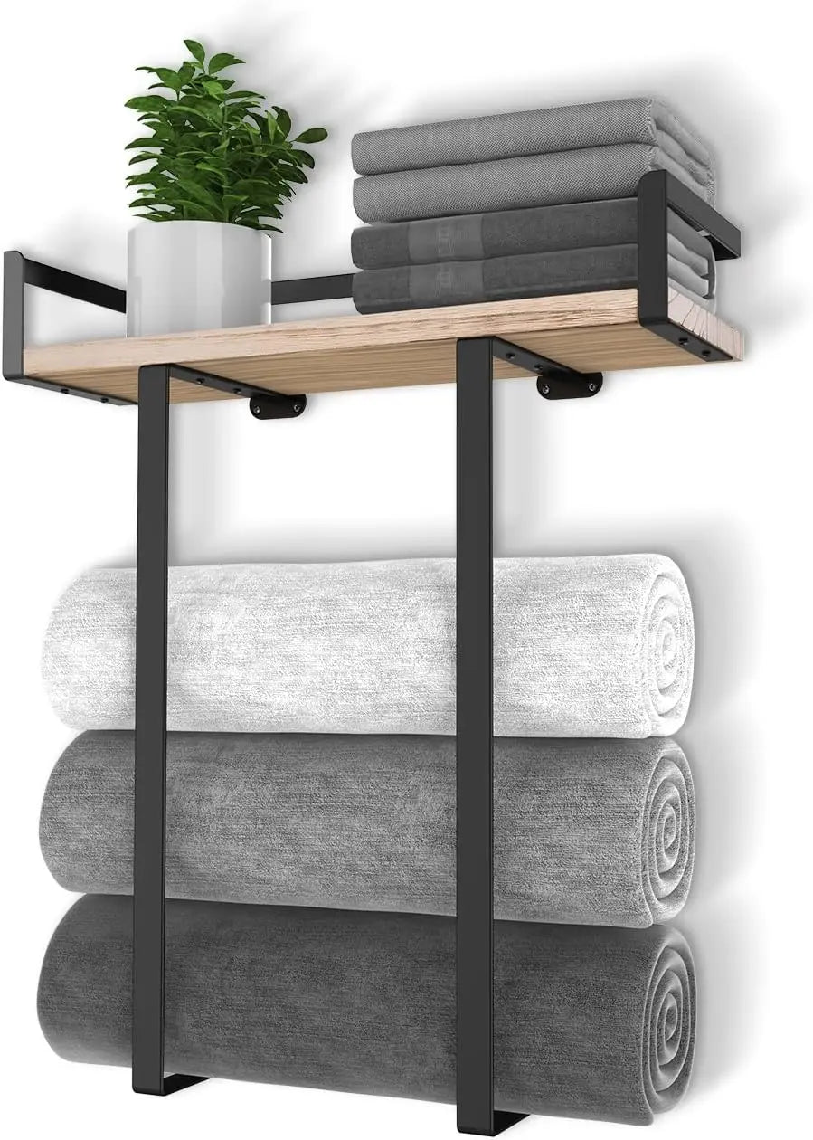 Towel Racks for Bathroom Wall Mounted, Metal Towel Holder with Wooden Shelf for Folding Large Towels, Towel Storage for Small Ba