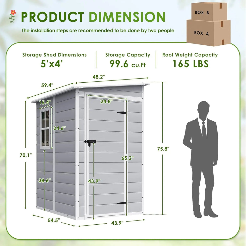 Outdoor 5x4 FT Resin Storage Shed Lockable Floor Tool Patio Backyard Lawn, Customized