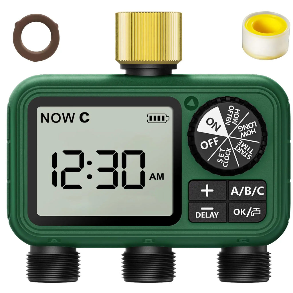 3-Zone Programmable Sprinkler Timer, Automatic Irrigation System with Rain Delay & Manual Watering, Brass Inlet Controller for Garden & Lawn
