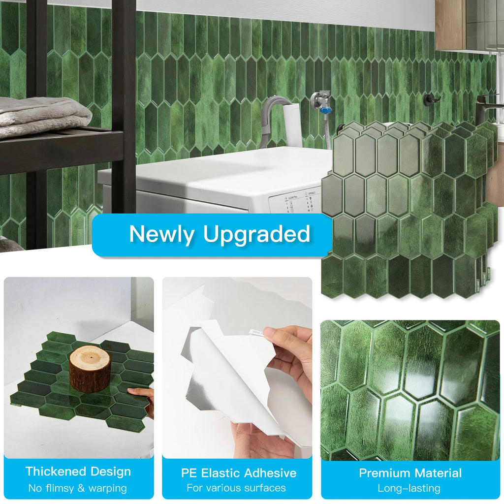 Peel And Stick Backsplash, 10-Pack, Vinyl, Deep Green
