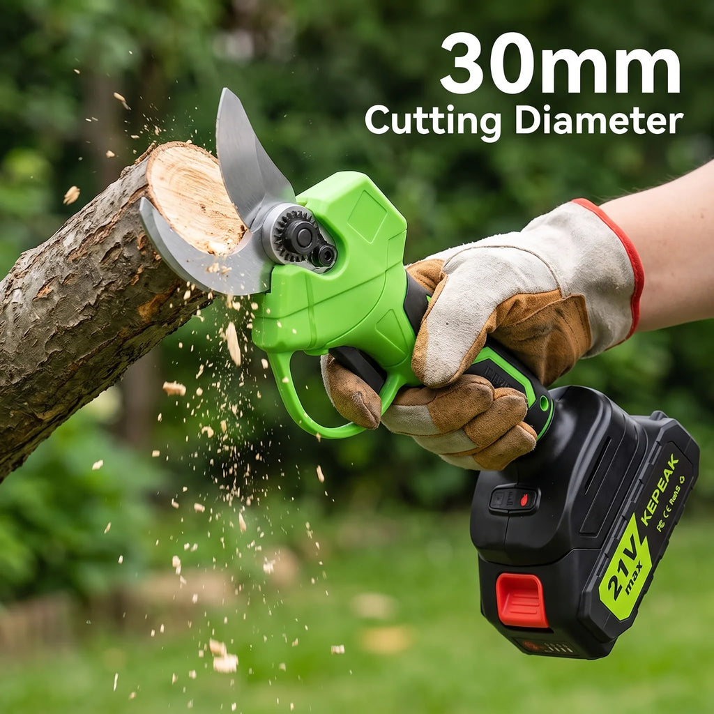 Kepeak Green Cordless Electric Pruner Tree Branch Cutter SK5 Sharp Blade 1.18 Inch Cut 10 Cells Two Batteries One Charger 13000mAh Rechargeable Battery 60 Min Fast Charging Lightweight Ergonomic For Orchard Garden Farm Prunin