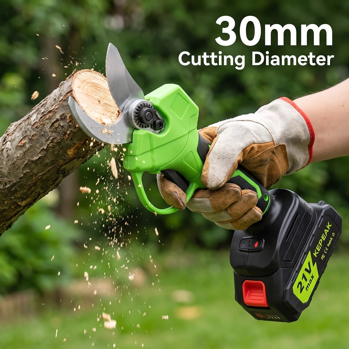 Kepeak Green Cordless Electric Pruner Tree Branch Cutter SK5 Sharp Blade 1.18 Inch Cut 10 Cells Two Batteries One Charger 13000mAh Rechargeable Battery 60 Min Fast Charging Lightweight Ergonomic For Orchard Garden Farm Prunin
