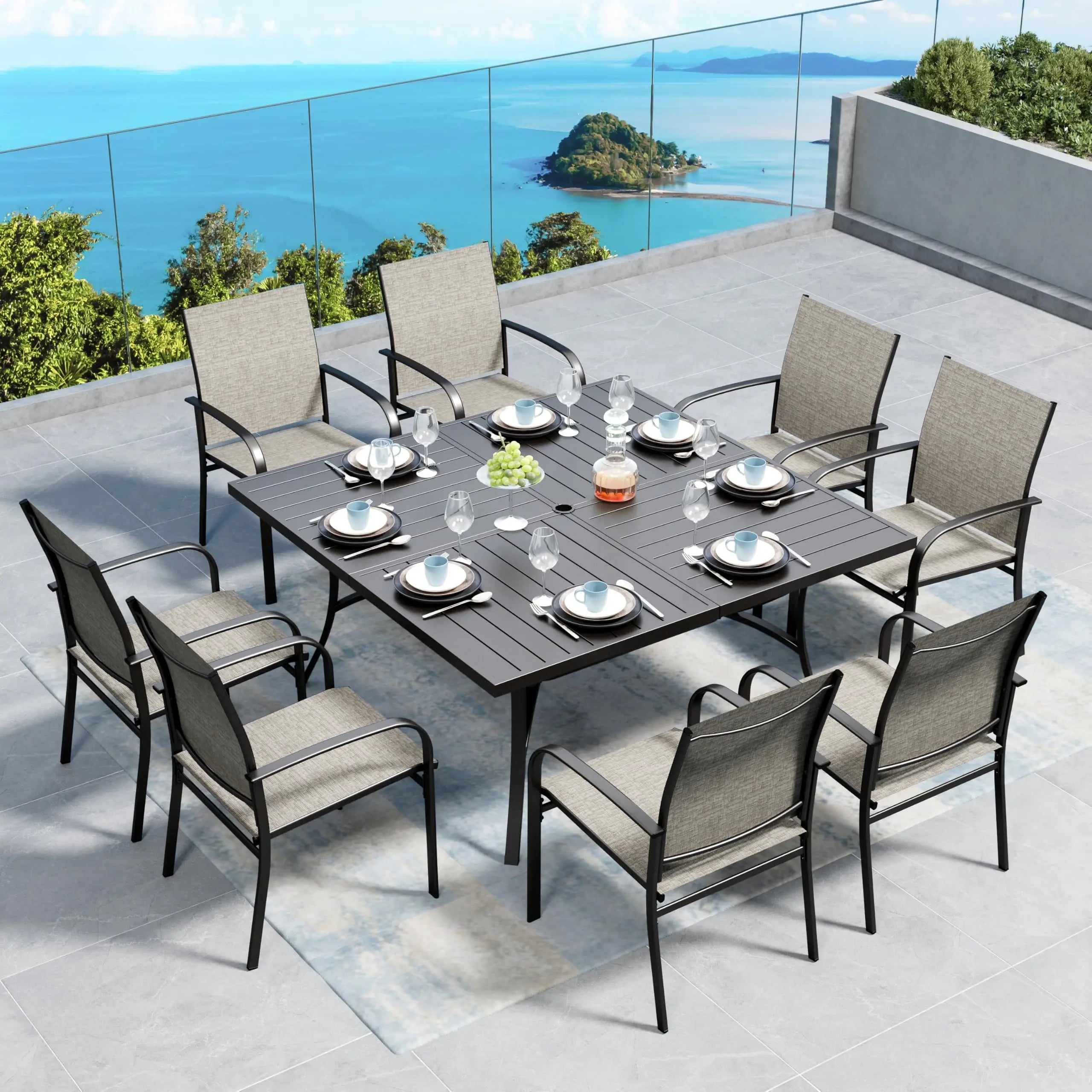 SUNSHINE VALLEY 5/9 Piece Patio Dining Set, Square Table with Umbrella Hole, 4 Metal Brown Chairs, Outdoor Table Chairs Set