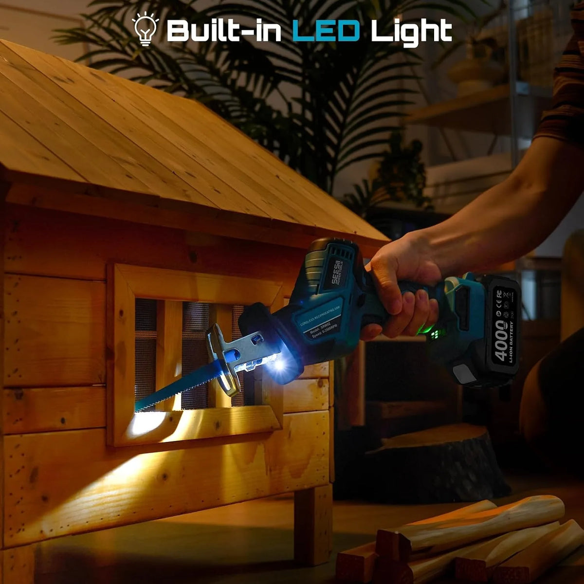 SEESII Cordless Reciprocating Saw, Variable Speed, 3500 RPM Brushless Motor, Portable Saw with 6 Saw Blades, 2 x 4.0Ah Batteries, For Wood & PVC Cutting
