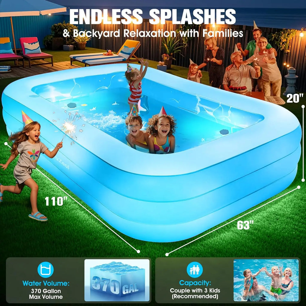 Inflatable Pool with Seat and Pool Lights, Durable Thickened Large Size Family Inflatable Pools for Adults Blow Up Pools,110" x