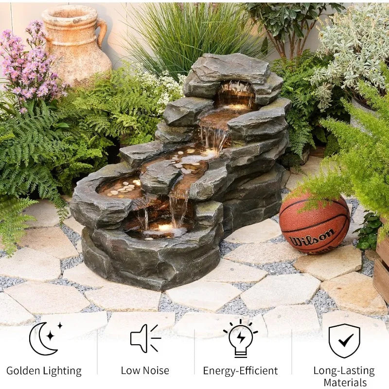 37" L Garden Outdoor Water Fountain, Standing 5-Tiers Waterfall, Natural Rock-Looking Waterfall, Outdoor Fountains with LED Lights for Patio,