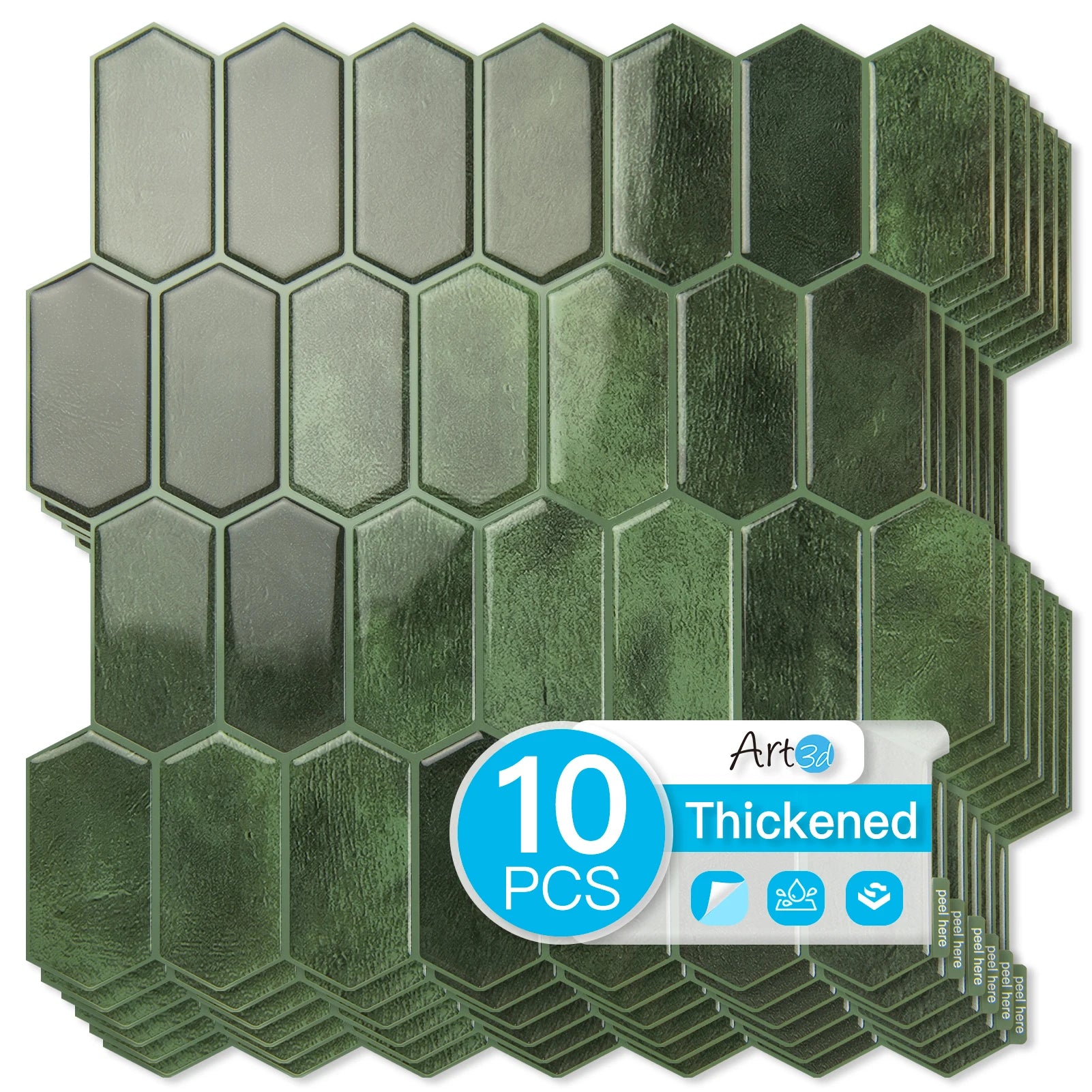 Peel And Stick Backsplash, 10-Pack, Vinyl, Deep Green