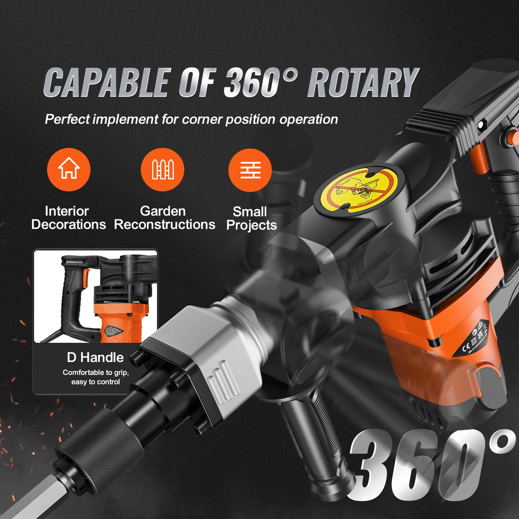 SucceBuy 1400W Demolition Jack Hammer Electric Jackhammer Heavy Duty 2900 BPM Concrete Breaker 2pcs Chisels Bits Chipping