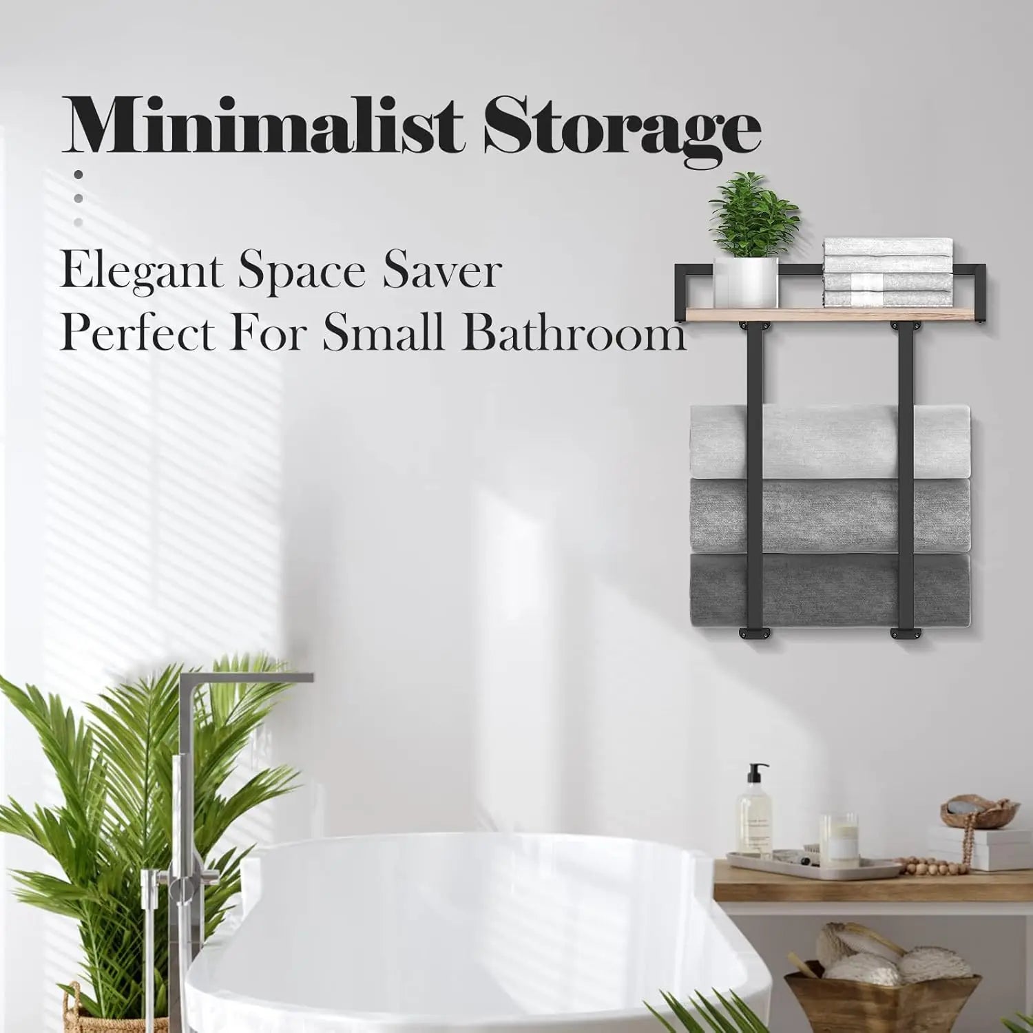 Towel Racks for Bathroom Wall Mounted, Metal Towel Holder with Wooden Shelf for Folding Large Towels, Towel Storage for Small Ba