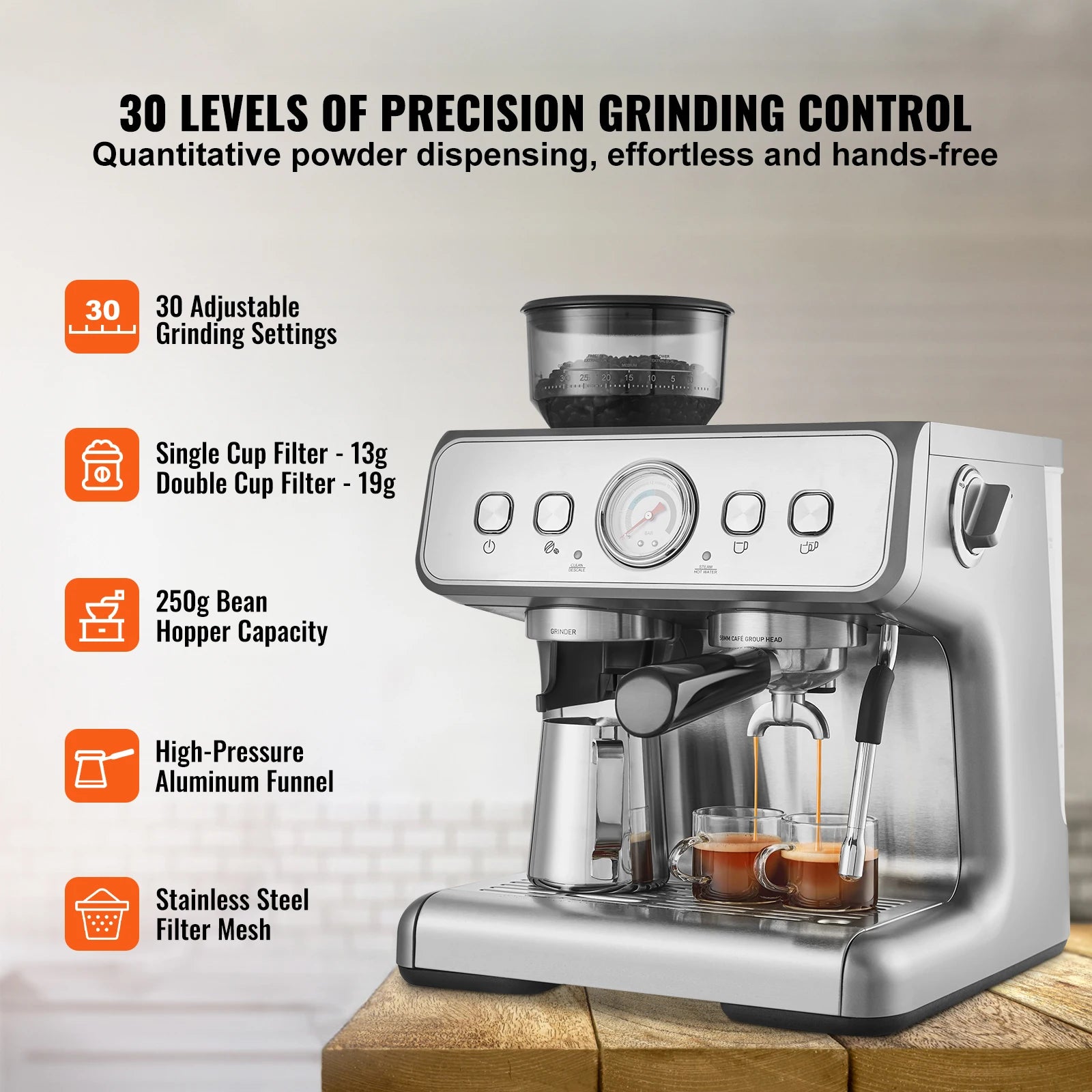 Vevor Espresso Machine with Grinder 15 Bar Semi-Automatic Espresso Coffee Maker with Milk Frother Steam Wand