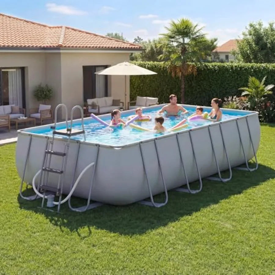 Backyard rectangular above ground pool set, Swimming pool w/steel frame with gray PVC liner, 18' x 9' x 47, includes removable ladder and filter
