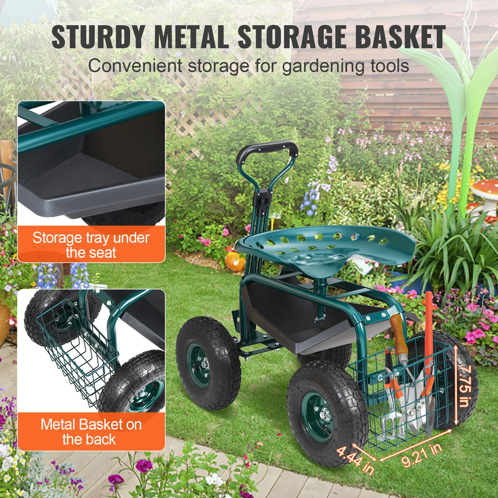 SucceBuy Garden Cart Rolling Work seat with Wheels Gardening Stool for Planting 360Degree Swivel Seat Wagon Scooter with Steering Wheel