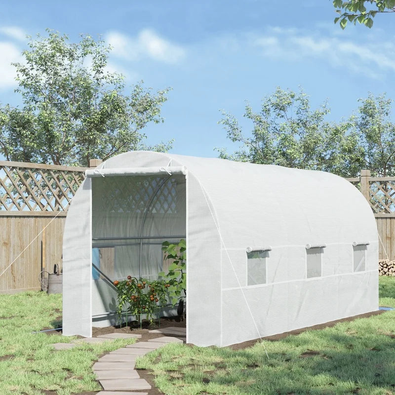 Outsunny 15' x 7' Walk-In Tunnel Greenhouse Kit with 6 Roll-Up Windows, Roll-Up Door, Steel Frame, White