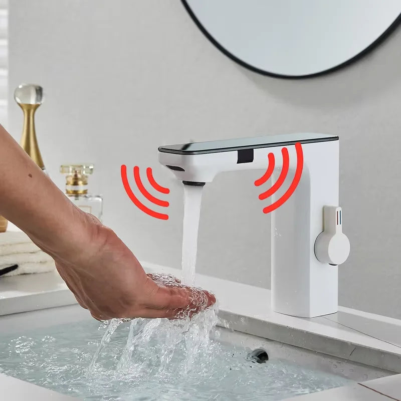 Bathroom Sink Faucet, Sensor On/Off, Digital LED Water Temperature Display, White Or Chrome Available