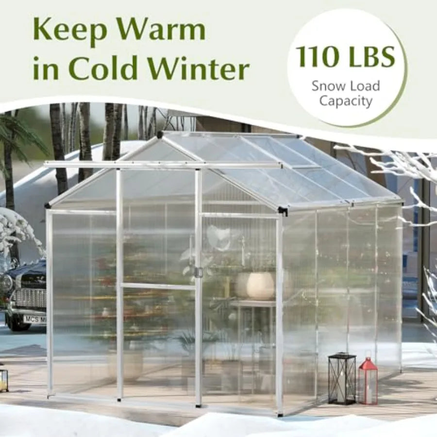 Greenhouse, 6 x 8 x 6.5FT Outdoor Polycarbonate Greenhouse w/ Sliding Door, Adjustable Roof Vent, Rain Gutter, Heavy-Duty Aluminum