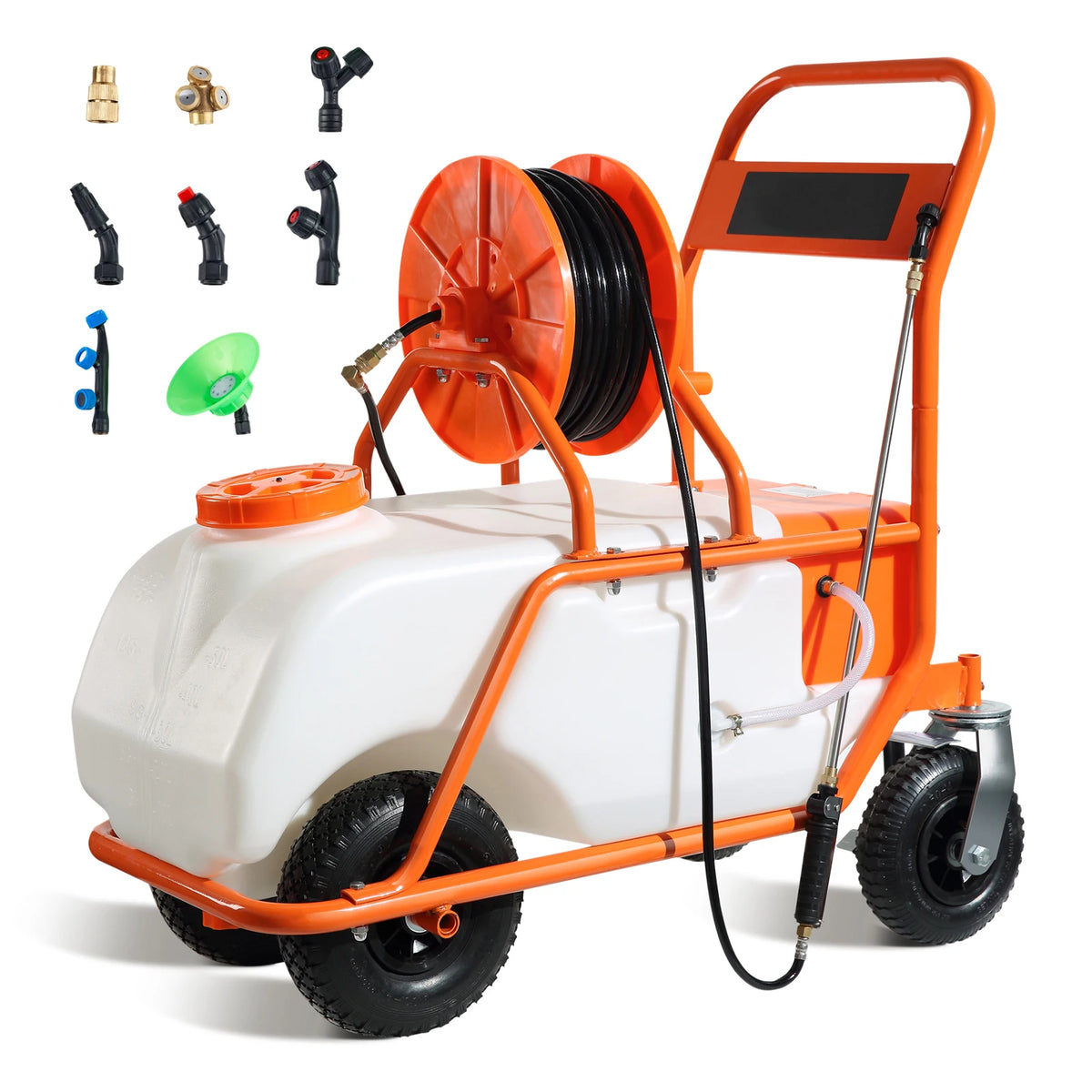 SucceBuy Battery Powered 15 Gal Garden Weed Sprayer with Wheeled Cart, 126FT Hose with Reel 8 Nozzles 2 Wands with Lock for Crop