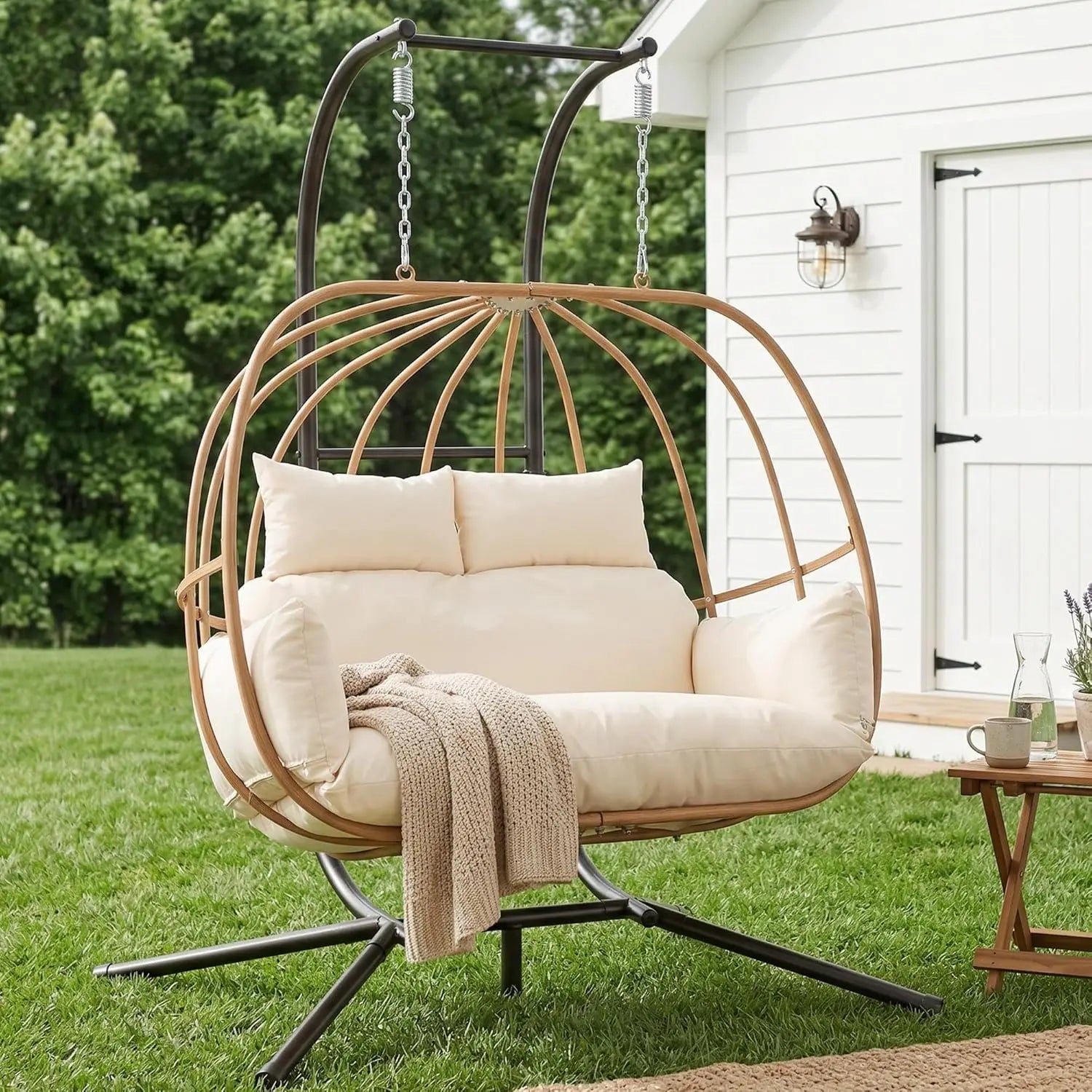 Double Egg Hanging Swing Chair with Stand Cushions Headrest 80"H Metal Basket for Indoor Outdoor Patio Deck Brown, Customized